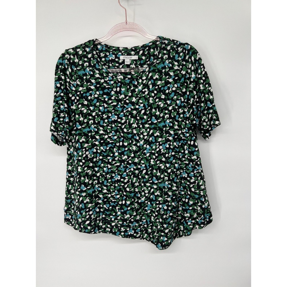 Chico's Women's Top M Black Green Blue White Abstract Print Short Sleeve